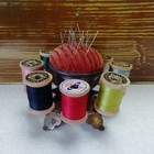 Antique Steel Sewing Spool Holder W pin Cushion Rotating And 8 Clark s Treads