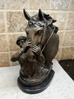 Vtg Delaware Park Bronze Equestrian Race Horse   Jockey Embrace Sculpture