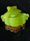Vintage Chinese Carved Jade Box With  Wooden Carved Base