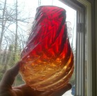 Antique Ruby Red Hand Blown Glass Controlled Bubble Vase With Applied Ears