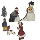 Hand Painted Signed 6 Piece Wood Winter Scene Snowman Children Winter Decor