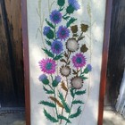 Vtg  Mcm Paragon Blue Thistle In Bloom Crewel Embroidery 18x38  Framed  Rare  Fa