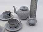 Antique 12-pc Gray Spotted Graniteware Enamelware Child s Tea Set Cups Compote