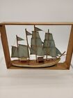 Vintage Hand Made Boat In A Wood Frame  Hand Sewn Sails 14 In X  10 In