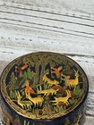 Vintage Folk Art Black Lacquered Hand Painted Animal Trinket Box Round