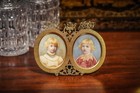 Amazing Portrait Miniature Painting Brass Frame Antique Victorian Boy And Girl