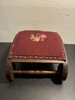 19th C  Antique Victorian Stud Accents Foot Stool Floral Needlepoint Carved Wood