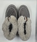 Women   s Gray Faux Suede Moccasin Slip-on Slippers Faux Fur Lined Sz 7