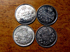 Bulk Canadian Four Silver Xf au Five Cent Coins 1914 - 1916 - 1917 - 1919  R2