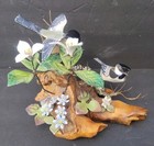 Large Norman Brumm Enamel   Copper Pair Of Chickadees On Flowers Driftwood