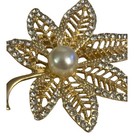 Gold Tone Leaf Brooch Faux Pearl Rhinestone Filigree Floral Pin Vintage Style