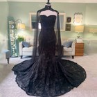 Gothic Black Mermaid Wedding Dresses With Cape Lace Sweep Train Bridal Gowns