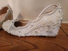 Wedding Bridal Shoes - 2  Wedge White Crown Lace   Pearls   Crystal Size 8 5