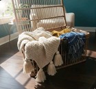 Vintage Woven Rattan Wicker Trunk     Boho Storage Basket Chest With Leather   