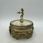 Vintage Vanity Powder Trinket Box Jar Cherub 24k Gold Beveled Glass Globe