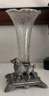 Antique Rogers Quadruple Silver Plate Poodle Dog Crystal Flower Trumpet Vase