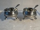 Antique Vtg Silver Salt Cellars With Spoons 