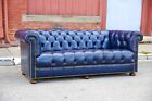 Vintage Chesterfield Sofa Blue Leather Wood Bun Feet Loeblein Bros Usa