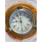 Ships Marine Time Clock Large Vintage Brass Porthole Brass Wood 11  Wide