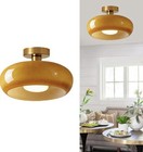 Orange Glass Flush Mount Mid Century Modern Ceiling Light Brass Cover 11 In New