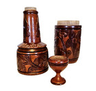 Vintage Hand Carved 3 Piece Wood Hollow Bottle Haiti Folk Art Floral Artisan