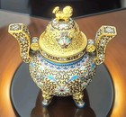 Vtg Chinese Cloisonne Chample Censer  Burner 3leg Elaborate Gilted Gold Foo Dog 