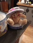 Vintage Avon Plush Teddy Bear W  Purple Hat In A 4 5  Floral Round Box