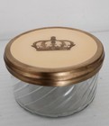 Vintage Ribbed Glass Vanity Jars Powder Box W  Embossed Brass Lid Set 2 Art Deco