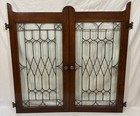 Antique Pair Quartersawn Tiger Oak Leaded Wavy Glass Cabinet Doors 40 x 40-9 16 