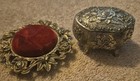 Antiqued Silver Tone Red Velvet Pin Cushion vintage Japan Little Trinket Box 