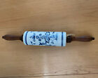 Vintage Blue Pattern Porcelain 16  Rolling Pin With Dark Brown Handles