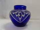 Vintage Cobalt Blue Glass Vase     Hand-painted White Enamel Floral Scroll Design