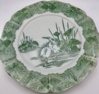 Antique Japanese Green Heron Marsh Transferware Plate Eggshell Porcelain