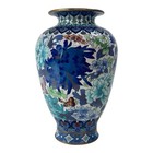 Antique Chinese Cloisonn   Vase Blue Floral Enamel With Butterflies Brass Trim