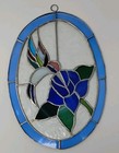 Oval Stained Glass Suncatcher     Blue Rose With Rainbow Hummingbird
