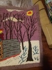 Vintage Hand Hooked Rug Prim Primitive Horse Carriage Winter Wood Cabin Folk Art