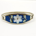 Inlaid Mop Abalone Shell Alpaca Mexico Silver Tone Vintage 1980s Hinged Bracelet