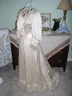 Antique 1890 s Romantic Victorian Ivory Silk Corset Gown Chiffon Lace Ruched Hem
