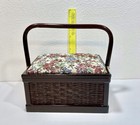 Vintage Wooden Sewing Box W floral Fabric Top   Handle - W thread   Pin Cushion