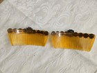Vtg  Hair Combs Pair  Amber Plastic Teeth  Silver Plate Embellishments 