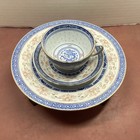 20 Piece Vtg Blue   Peach China Chinese Dragon   Rice Grain Porcelain Gold Trim
