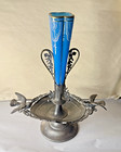 Antique Victorian Enamel Decorated Blue Glass Vase With Silverplate Bird Base