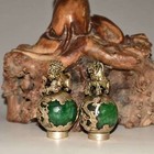 Chinese Tibet Silver Dragon Inlaid Green Jade Handmade Pair Lion Statue 2005