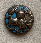 Antique Art Nouveau Brass Button With Plant Life And Matte Turquoise Blue Enamel