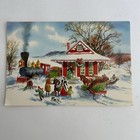 Vintage Mid Century Christmas Greeting Card Train Station Scene Sleigh Villagers