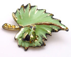Bug On Leaf Rhinestone Lapel Pin Gold Tone Vintage Green