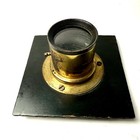Antique Brass Camera Lens Mounted On Wooden Lens Board Working Iris