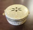 Vintage Mcm Gold Tone Round Trinket Box Hinged Tin Pretty Design Blue Inside 3 