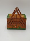 Vtg Mexican Accordion Wood Fold Out Sewing Box Basket Hand Painted Trinkets Folk
