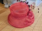 Kakyco Red Sinamay Fascinator Hat Kentuckyderby Church Wedding Feather Wide Brim